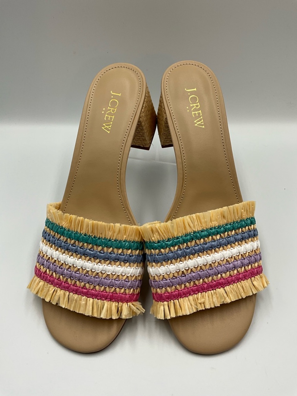 J. Crew Sandals Size 9 Tan Raffia-Strap Block Heel with Multicolor Stripes